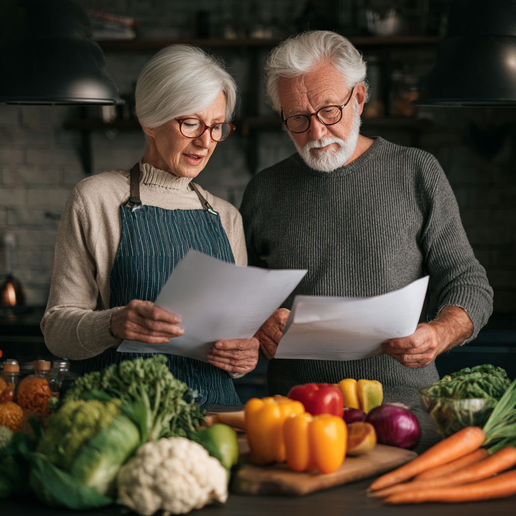 Mature adults planning healthy meals with nutritional guidance