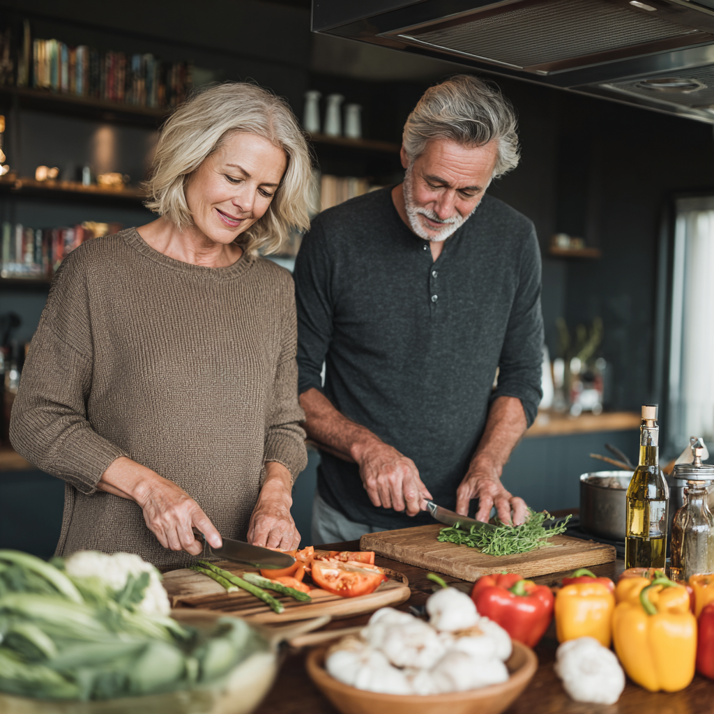 Mature couple cooking healthy meals together in modern kitchen
